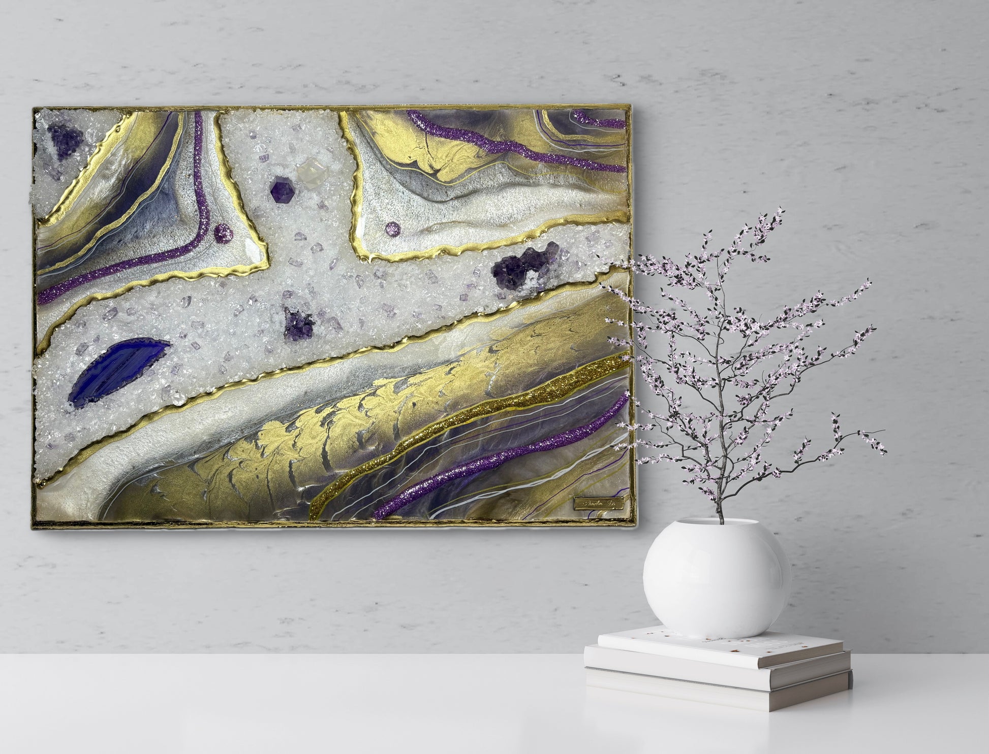 Tableau d'art en résine epoxy et pierres semi précieuses